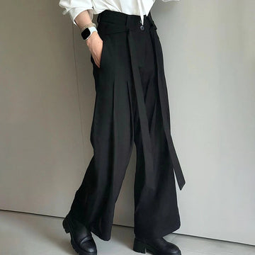 AIDASE  -  Summer New Men's Solid Color Ribbon Suit Trousers American Fashion Trend High Street Loose Casual Breathable Men's Bottoms aidase-shop